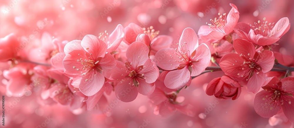 Beautiful pink fresh quince flowers falling in the air isolated on pink background
