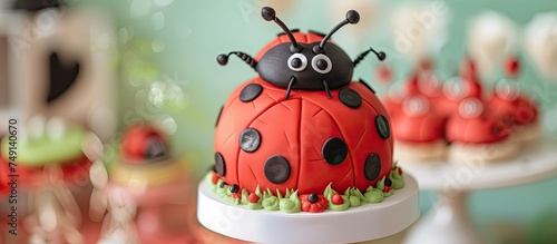 A ladybug-shaped cake adorned with red and black icing sits neatly atop a wooden table, ready for a fun-filled birthday party celebration.