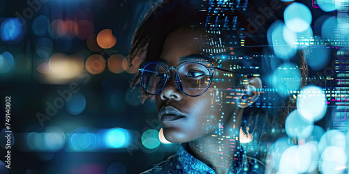 Black woman wear glasses looking of Code Projected on Face and Reflecting. Software Developer Working on Innovative e-Commerce App using AI, Big Data