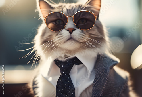 Stylish cat in sunglasses and tie posing with attitude.