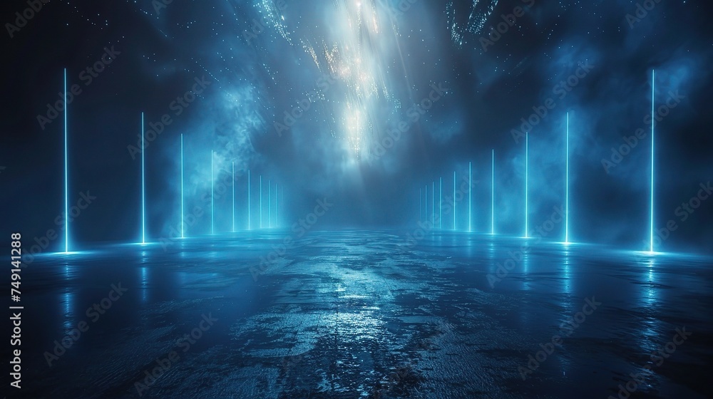 Obraz premium Dark background with lines and spotlights, neon light, night view. Abstract blue background.