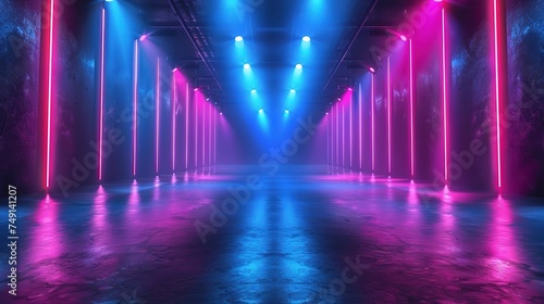 Dark background with lines and spotlights  neon light  night view. Abstract blue background.