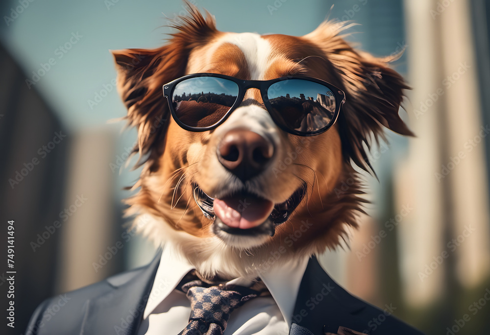 Australian Shepherd dog wearing sunglasses and a tie, looking cool in an urban setting.