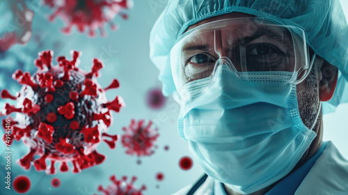 a man doctor in a medical face mask against the background of the virus