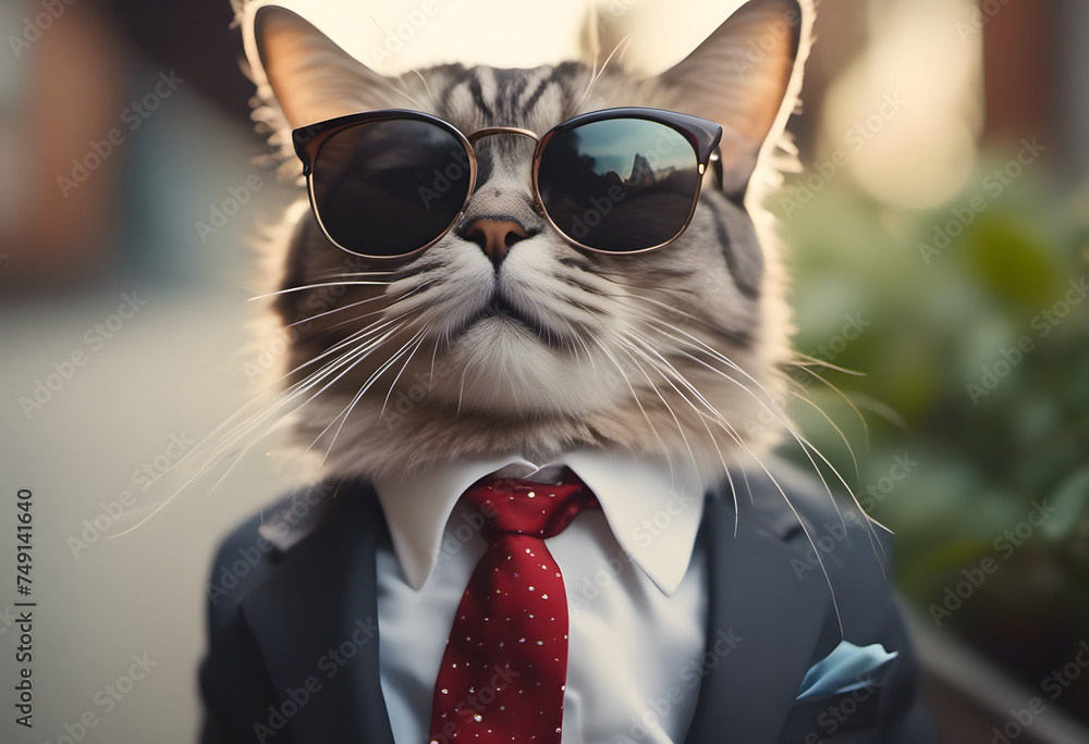 Stylish cat in sunglasses and suit with a red tie posing for a humorous concept.