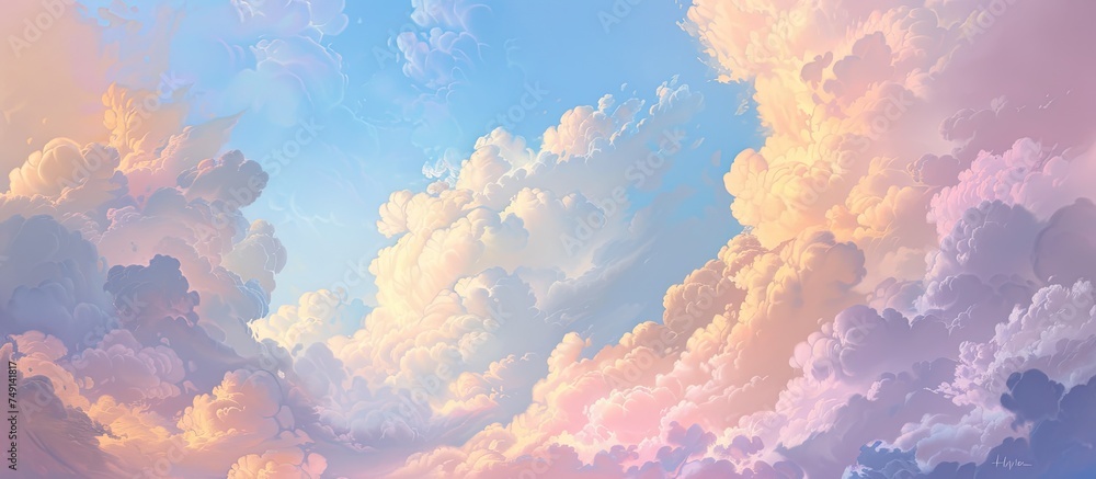 The painting showcases a sky dominated by fluffy clouds, creating a sense of vastness and depth. The artist captures the ever-changing formations and textures of the clouds, evoking a dreamlike - obrazy, fototapety, plakaty 