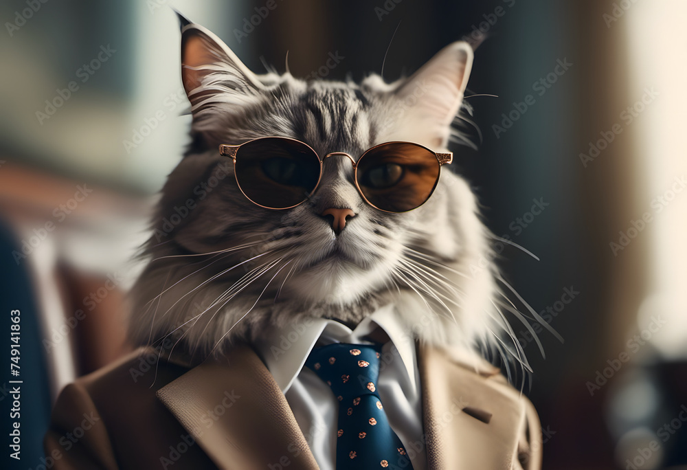 Stylish cat in sunglasses and suit with tie, concept for pet fashion or humor.