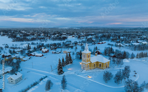 Aerial view of Muonio in winter, in snow, located in Lapland of Finland.