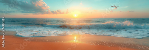 Panorama view of tropical sunset beach nature abstract background. Summer and environment concept. Generative ai.