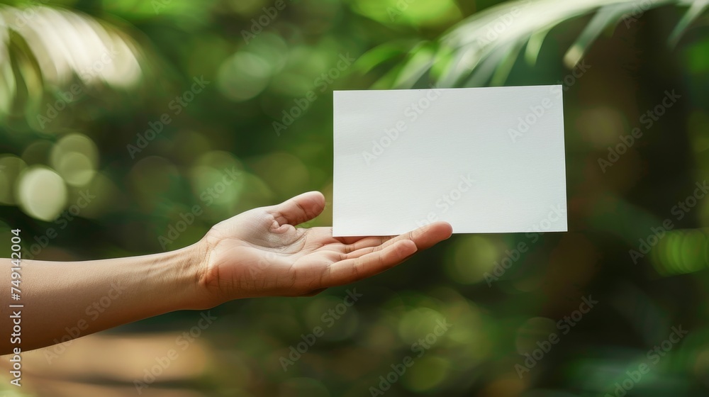 moment of presentation, with a hand holding up a white card amidst a sea of green, ready for any message to be conveyed moment of presentation, with a hand holding up a white card amidst a sea of green, ready for any message to be conveyed