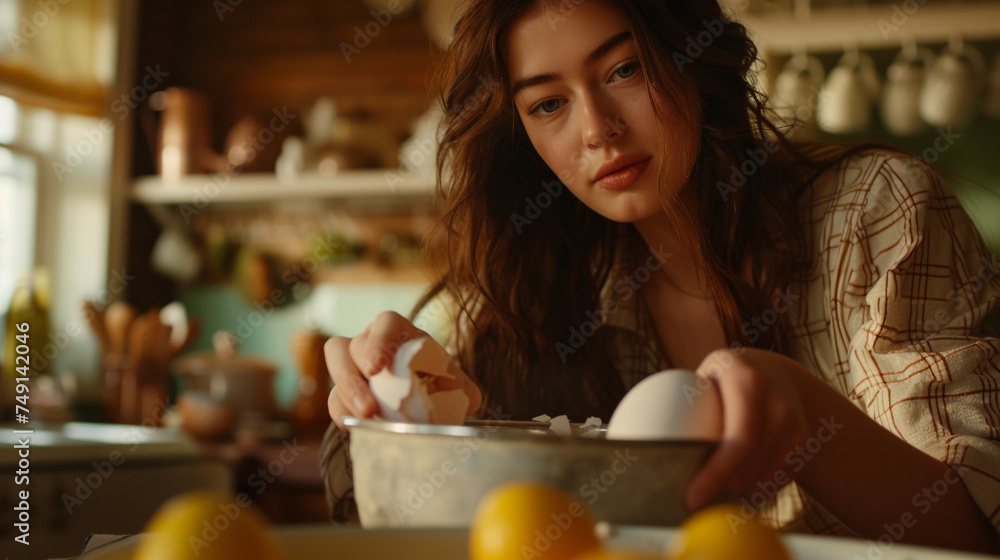 A close-up shot of a single young woman cracking eggs into a mixing bowl, her hands expertly separating the yolks from the whites