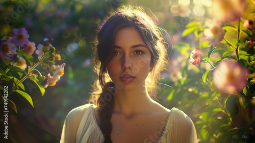 A young woman, bathed in the soft light of early morning, stands amidst a garden oasis, her eyes with a sense of calm and serenity