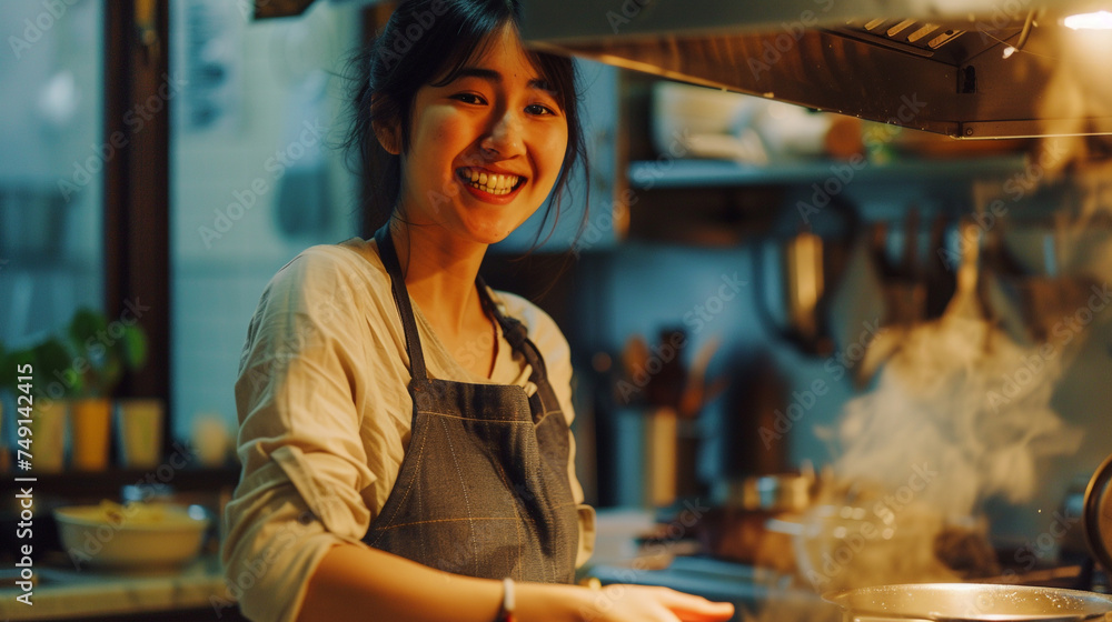 In a cozy kitchen setting, a young woman wearing an apron is stirring a pot on the stove, smiling at the camera with anticipation as the aroma of the dish fills the air