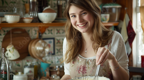 One young woman is observed combining ingredients for cake batter in a mixing bowl, her attention fixed on the task at hand