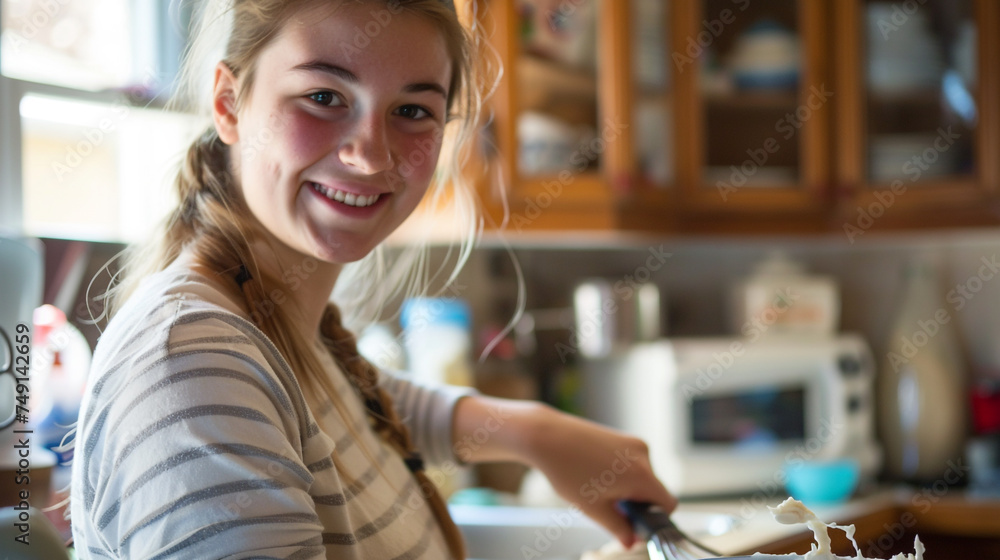 With a mixing bowl in hand, a single young woman is seen whisking together ingredients for a cake batter, her eyes focused on the task at hand