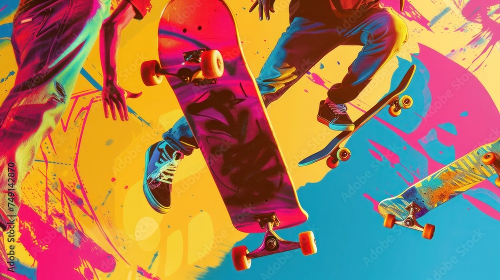 Obraz premium Skateboarders in Action on Vibrant Graffiti Background