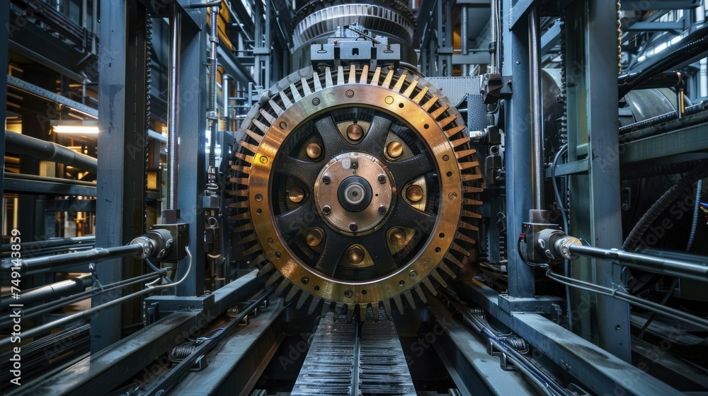 Heart of Automation, A colossal industrial machine hums with power, its intricate array of gears and belts a testament to human ingenuity in manufacturing.