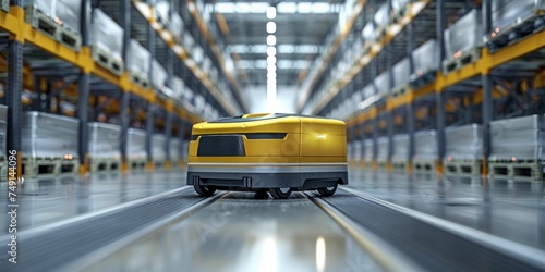 Automated Inventory Haven: Inside, robotic arms and automated guided vehicles (AGVs) navigate aisles with precision, showcasing the cutting-edge of warehouse technology.