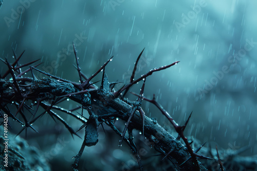 Elegant Good Friday Background with Close-up of Thorns and Raindrops photo