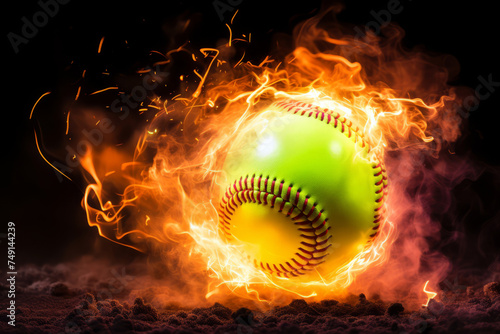 Flaming Softball Ball in Mid-air with Sparks and Smoke on Black Background photo
