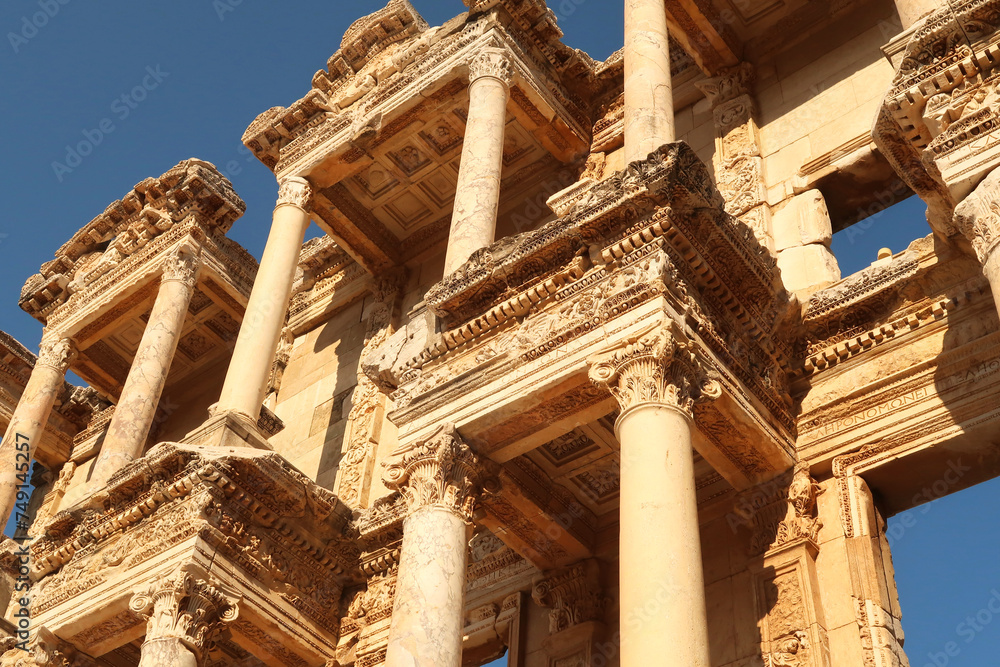 The upper part of the elaborate facade of the Library of Celsus at Ephesus, Selcuk, Turkey
