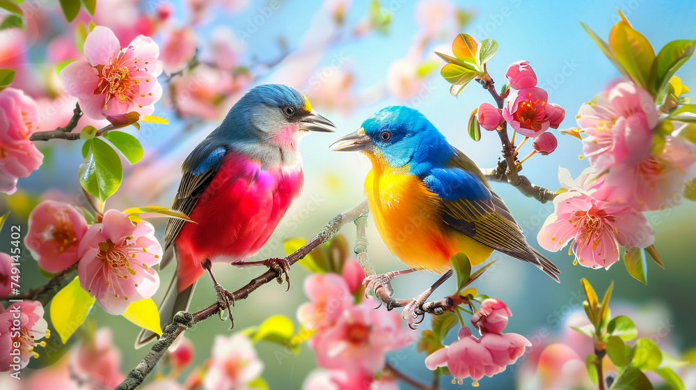 Two Colorful bird on a branch background