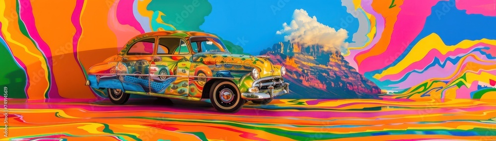 Vibrant Pop Art Style Classic Car Illustration