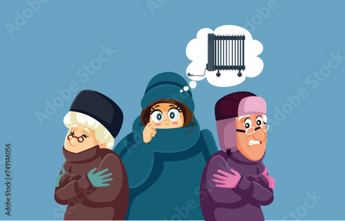 Vector People Feeling Cold Thinking of an Electric Heater Solution. Family freezing at home thinking of their electric bill
