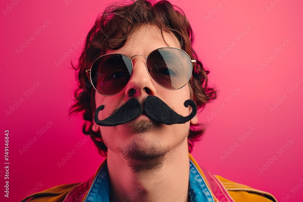 A person wearing a large, exaggerated fake mustache, striking a humorous pose, against a bright pink background, centered composition, A person wearing a large, exaggerated fake mustache, striking a humorous pose, against a bright pink background, centered composition,