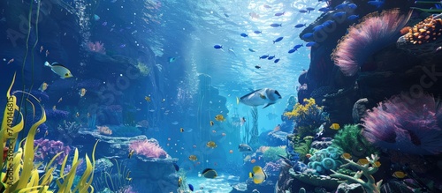 A large aquarium featuring a variety of fish swimming in crystal clear water, showcasing vibrant blue hues and colorful algae. The scene is bustling with different types of fish moving gracefully © AkuAku