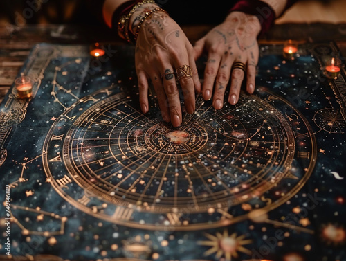 Ethereal hands spinning the Wheel of Fortune with planetary orbits, blending tarot with astrological cycles