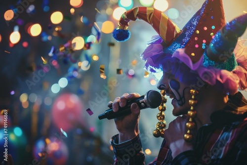 A person wearing a jester hat with bells, holding a fake microphone, in a festive party setting, medium shot with party decorations in the background,