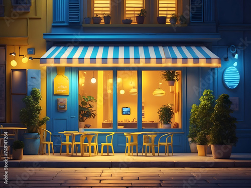3D illustration night scene of the cafe with a striped awning, blue shutters, and a door on a smartphone screen with stars. Concept art for online cafe reservations. Yellow light 
