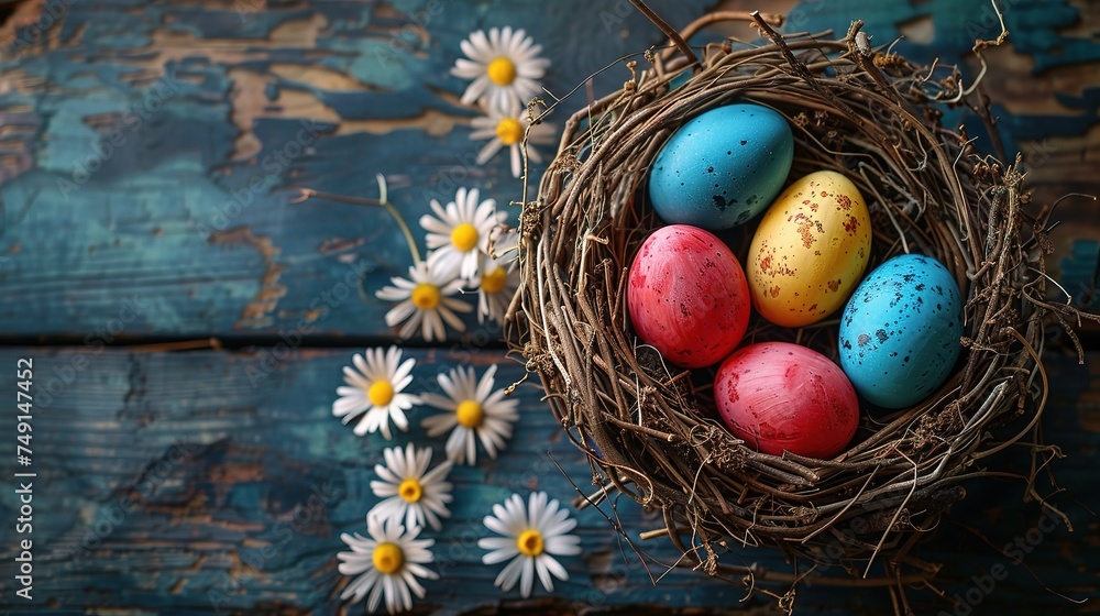 Easter eggs in the nest on rustic wooden background Easter eggs in the nest on rustic wooden background