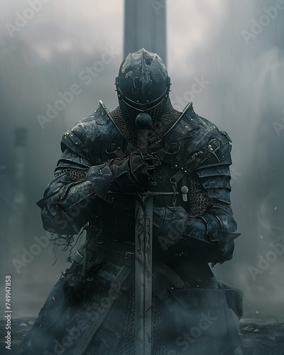 knight full armor holding sword foggy area profile splash screen souls streaming solemn gesture prisoner defense still cathedral background clear necrosis