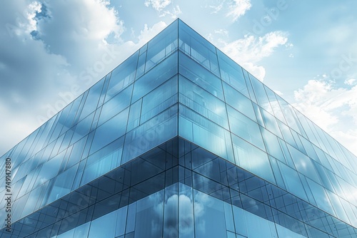 Reflections of Progress, The sleek, glass facade of a high-tech factory reflects the changing skies, symbolizing the industry's adaptation and innovation in the face of future challenges.