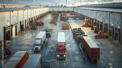 Labyrinth of Logistics: An expansive loading dock area buzzes with activity, where fleets of trucks and forklifts maneuver between warehouses and shipping bays, the lifeblood of distribution.