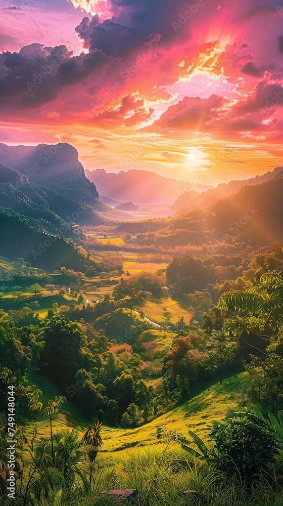 sunset valley foreground color rainforest background brilliant dawn rays sunlight diffuse ultra hawaii bright lens flare stunning radiate connection forest - obrazy, fototapety, plakaty 