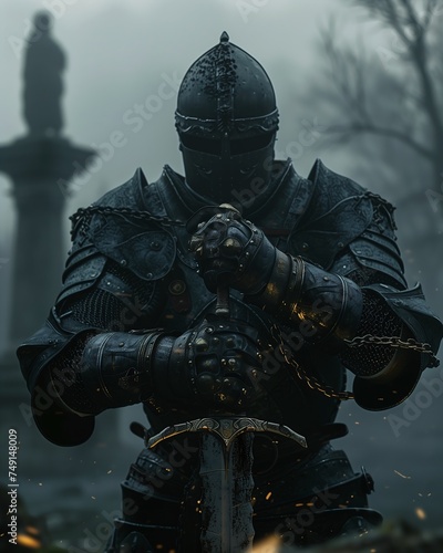 knight full armor holding sword foggy forest promotional souls shoulders street dormant chains tavern background emote pray gallant