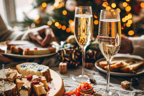 Family celebrating Christmas with champagne and sweets food at home