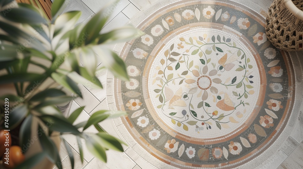 Cottage core office, circular marble mosaic with a cottage garden motif. Background Cozy cottage vibes.