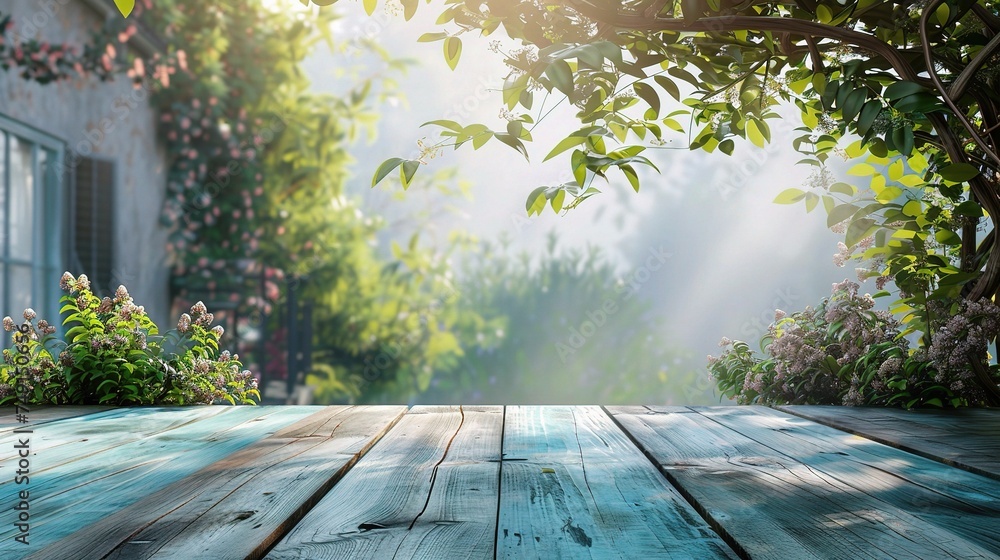 Empty wood table top on blue abstract green from garden and house in morning background. Empty wood table top on blue abstract green from garden and house in morning background.