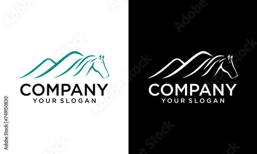 Creative equine hill logo, with mountain and sophistic head horse vector. mountain with horse logo design vector illustration template
