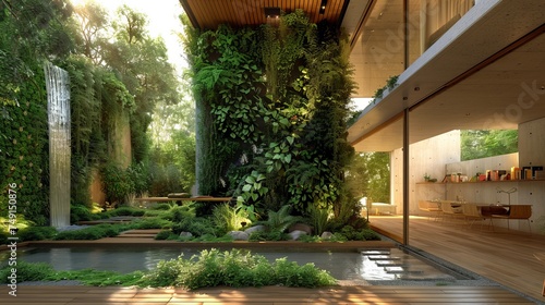 Visualize a sustainable living space, where eco-friendly practices meet modern home aesthetics