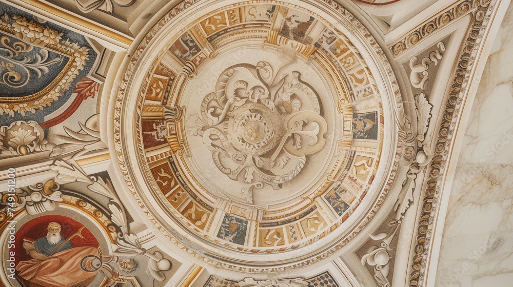 Renaissance palace office, circular marble mosaic with opulent Renaissance art motifs. Background Renaissance opulence.