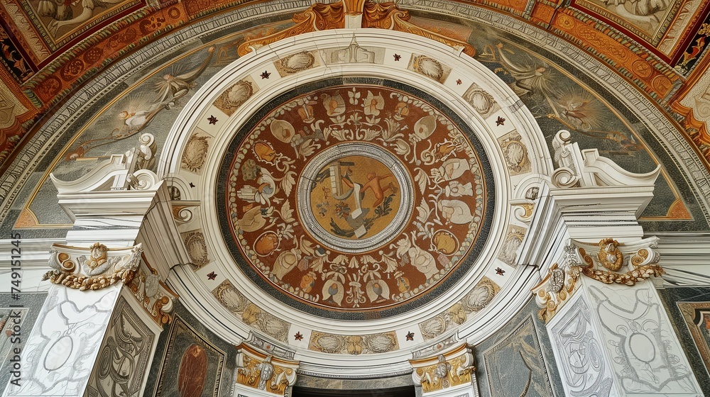 Renaissance palace office, circular marble mosaic with opulent Renaissance art motifs. Background Renaissance opulence.
