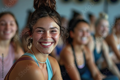 happy smiling girl doing yoga at a health club