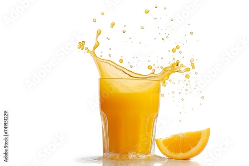 An orange fruit slice and a glass of juice, with splashes and drops suspended in mid-air against a white background, portraying a refreshing and healthy beverage option.