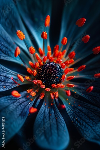 closeup blue flower orange stamens interconnected human black red color palette anemone lustful vegetation fertile