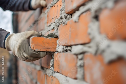 A bricklayer meticulously placing bricks onto a cement mix at a construction site, emphasizing the importance of building more affordable houses to address the housing crisis. photo